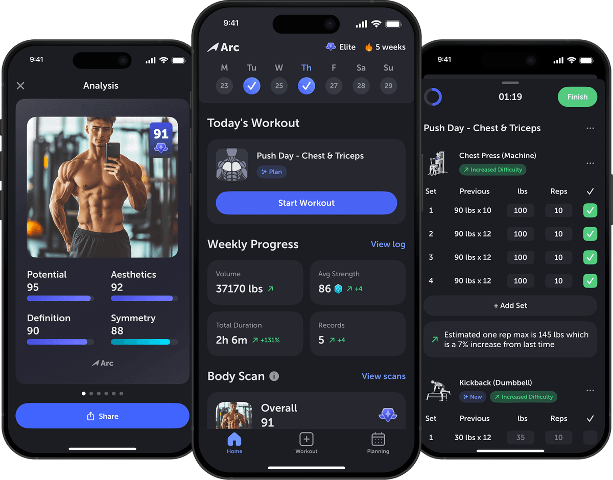 Arc app interface showing workout and progress tracking
