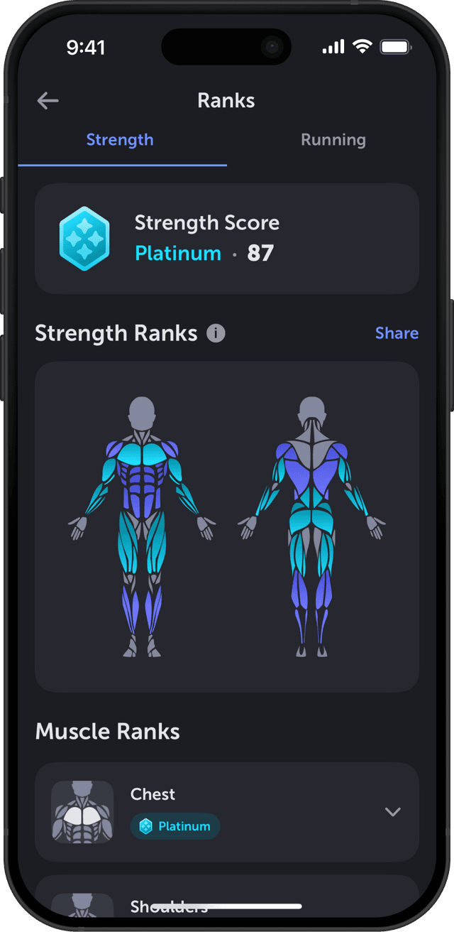 Arc app ranks screen showing strength and running rankings